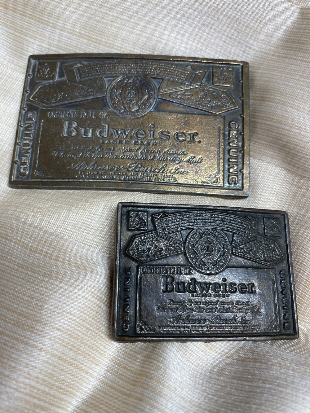 Vintage Budweiser Brass-Tone and Dark Bronze Embossed Belt Buckles